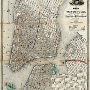 carte de New York 1840 Ancienne carte de New York City vintage Manhattan Carte Brooklyn Carte Carte historique Old Restoration décorateur Style NYC carte décor
