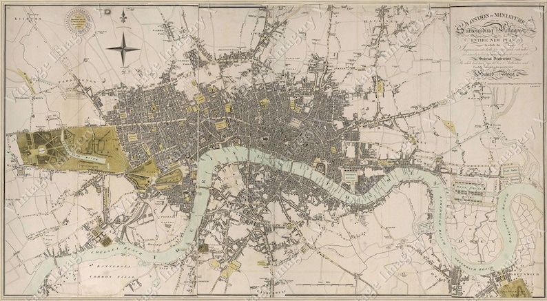 May include: An antique map of London, England, showing the city's layout and surrounding areas. The map is printed in black and white with hand-colored details. The map includes the River Thames and surrounding areas.