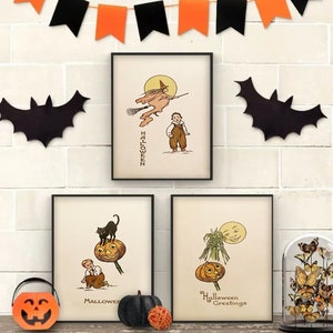 Halloween Wall Art Vintage Print Set of 3 Prints Halloween Witch Poster Cute Boho Halloween Decor Black Cat Art Halloween Party decorations