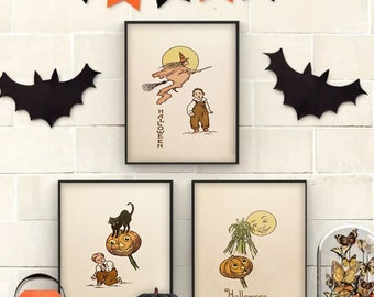 Halloween Wall Art Vintage Print Set of 3 Prints Halloween Witch Poster Cute Boho Halloween Decor Black Cat Art Halloween Party decorations