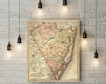 1872 Ocean County New Jersey Map, New Jersey wall art,  Antique Style New Jersey map Wall Map Vintage Map Gift Home Decor
