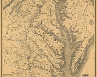Chesapeake Bay kaart print 1861 restauratie decor stijl vintage kustkaart van Chesapeake Bay Maryland Virginia Delaware oude nautische muurkaart