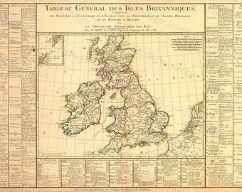 British Isles Scotland Map Large 1783 VINTAGE Antique Map of Western Europe Ireland decorator Style wall decor historic old map