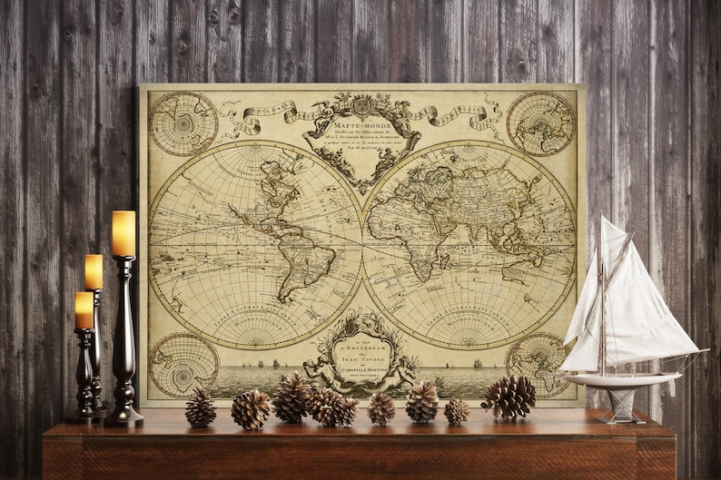 1720 Old World Map,World Map wall art, Historic Map Antique Style map art Guillaume de L'Isle mappe monde Wall Map Vintage Map Home Decor image 2