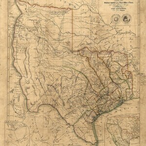 May include: Antique map of Texas, featuring detailed geographical information. The map, with its aged paper appearance, includes text and intricate line work depicting rivers, cities, and the surrounding areas. The title "Map of Texas" is visible at the top.