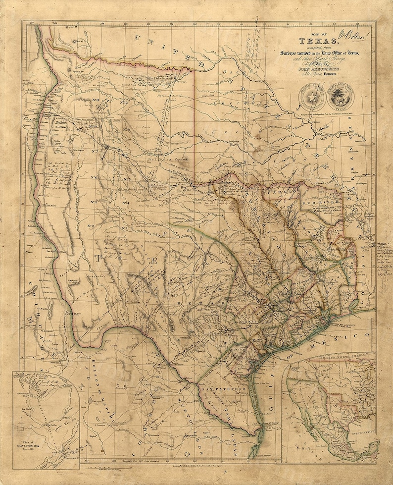 May include: Antique map of Texas, featuring detailed geographical information. The map, with its aged paper appearance, includes text and intricate line work depicting rivers, cities, and the surrounding areas. The title "Map of Texas" is visible at the top.