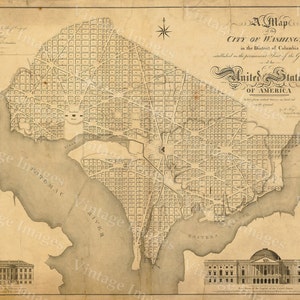 Washington DC Carte de style antique Carte du district de Columbia Carte de Washington DC Large Wall Beltway Carte du Capitole