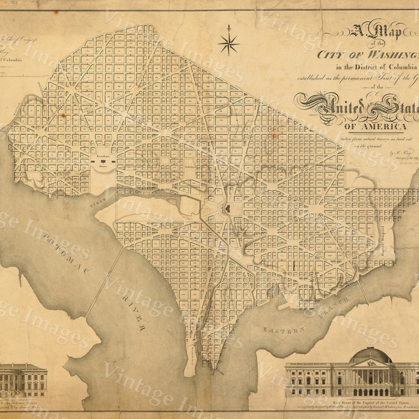 Mapa de Washington DC Mapa de estilo antiguo del Distrito de Columbia Mapa de Washington DC Mapa de la circunvalación de gran pared del Capitolio