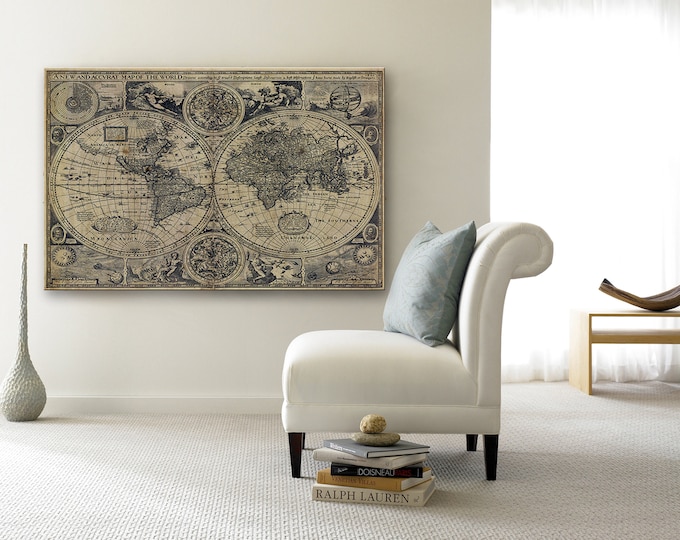 Vintage Old World Map Historic map 1626 antique world map Restoration world map decor map Fine Art poster Print Wall Decor housewarming gift