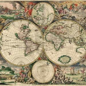 Old World Map Large VINTAGE world map HISTORIC 1689 antique Old World Copper Plate Style Map wall art housewarming gift Fine Art Print