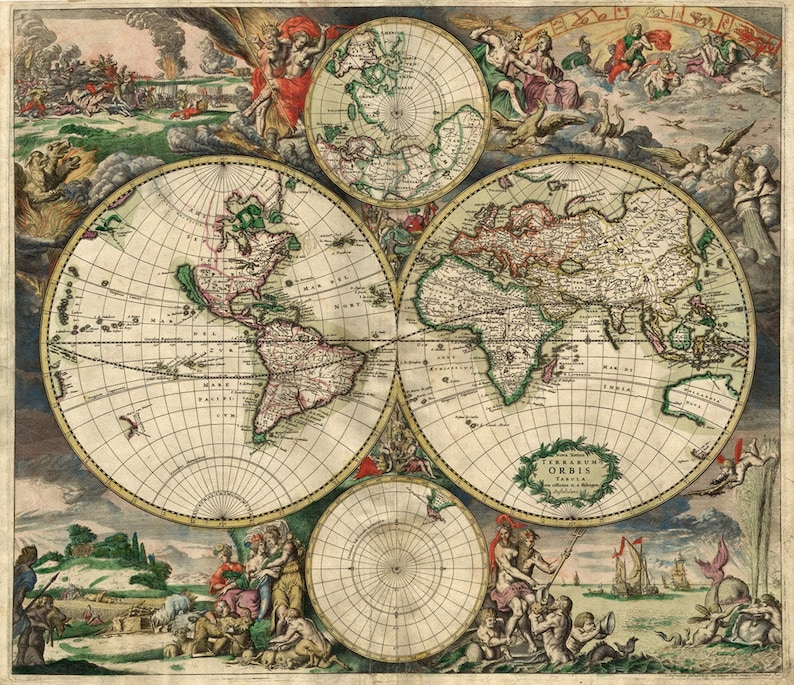 Puede incluir: Un mapa del mundo vintage con una ilustraci&oacute;n detallada de los continentes, rodeado de bordes decorativos y figuras m&iacute;ticas. El mapa est&aacute; dividido en cuatro secciones, con Am&eacute;rica, Europa, Asia y &Aacute;frica representadas. El mapa est&aacute; titulado "Terrarum Orbis Tabula" y presenta un sistema de cuadr&iacute;cula para la navegaci&oacute;n.