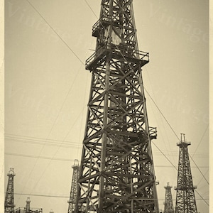 old historic oil well drill drilling rig derrick oil gusher field sepia tone photo wall Photo steampunk Old Photograph Home decor poster image 2