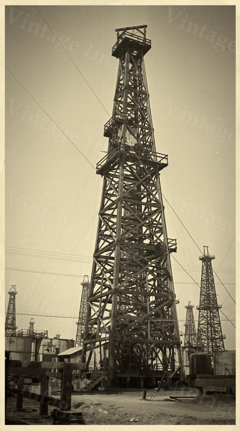 old historic oil well drill drilling rig derrick oil gusher field sepia tone photo wall Photo steampunk Old Photograph Home decor poster image 2