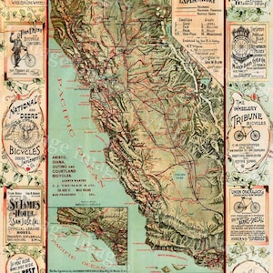 Alte Kalifornien Karte Kalifornien Fahrrad Karte 1895 Vintage Kalifornien Karte Radsport Karte Antik Kalifornien Wandkarte Fine Art Print Poster Dekor