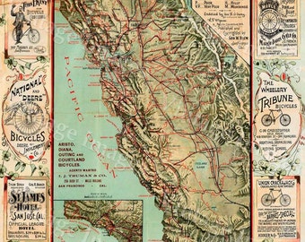 Old California Map California Bicycle Map 1895 Vintage California map cycling map Antique California wall Map Fine art Print Poster decor