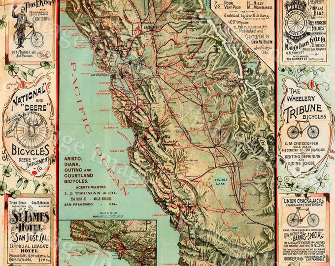 Old California Map, Cycling Bicycle Map, 1895 Vintage California map, cyclers map, Antique California wall Map, Fine art Print Poster