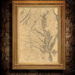 Chesapeake Bay Map Chart 1861 Restauration décor Style carte côtière vintage de Chesapeake Bay Maryland Virginia Delaware Old Nautical wall map