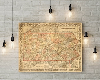 Vintage Pennsylvania map 1856 Pennsylvania map Housewarming Gift Pennsylvania Wall map Pennsylvania Art decorative Pennsylvania map home Art
