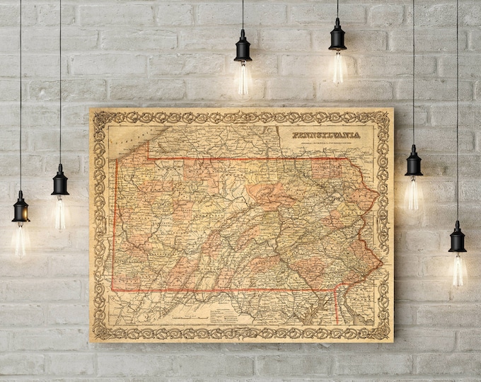 Vintage Pennsylvania map 1856 Pennsylvania map Housewarming Gift Pennsylvania Wall map Pennsylvania Art decorative Pennsylvania map home Art