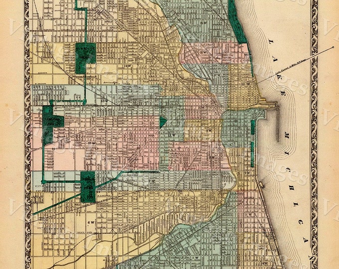 Vintage Map of Chicago, 1857 Chicago Illinois map Antique Chicago Map Restoration decorator Style Map up to 43" x 54" Old Chicago Wall map