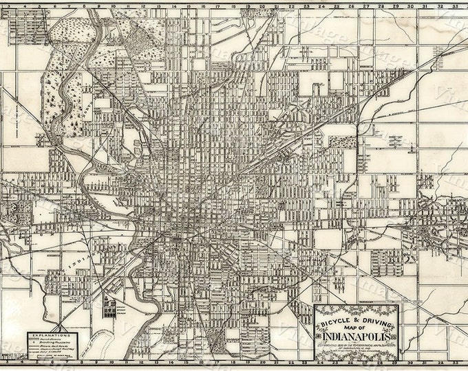 GIant 1899 Vintage Historic Indianapolis Indiana Bicycle and Driving Map Antique wall Map Fine art Print Poster