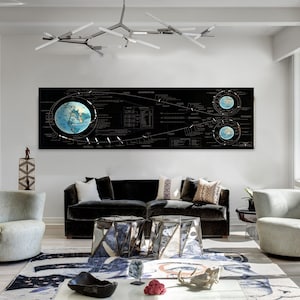 May include: A modern living room featuring a large black artwork with a diagram of the Earth and celestial bodies. The room includes a black velvet sofa, two light gray armchairs, and a patterned rug. A large window offers a view of a waterfront.