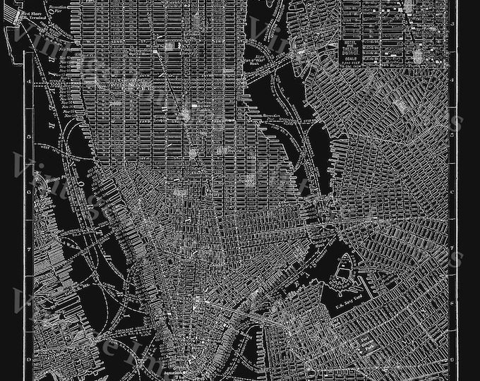 New York City Manhattan Street Map 1910 Historic black And White Street Map Architectural blueprint Style wall  Map Fine art Print Poster