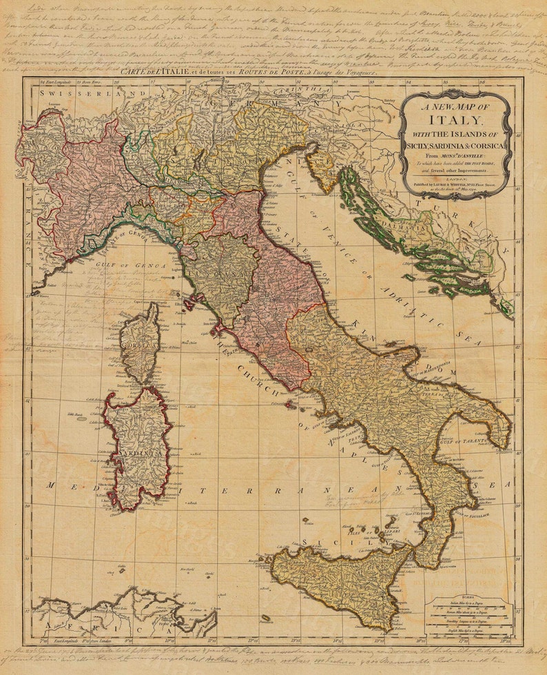 Old map of Italy 1794 Italian map in 5 sizes up to 43x55 Restoration decorator Style Vintage map of Italy, Antique Home Decor Wall map image 3