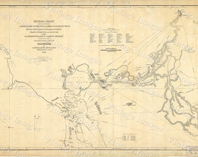 Map of San Francisco Bay 1850 vintage California Nautical Chart Wall Map Restoration style map coastal decor map Large Map