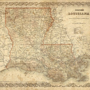 Vintage Louisiana Map Colton's 1886 Old Louisiana Map Historic Map Antique Restoration Style Map Wall Map Home Decor housewarming Gift Idea