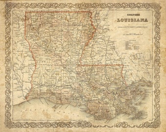 Vintage Louisiana Map Colton's 1886 Old Louisiana Map Historic Map Antique Restoration Style Map Wall Map Home Decor housewarming Gift Idea