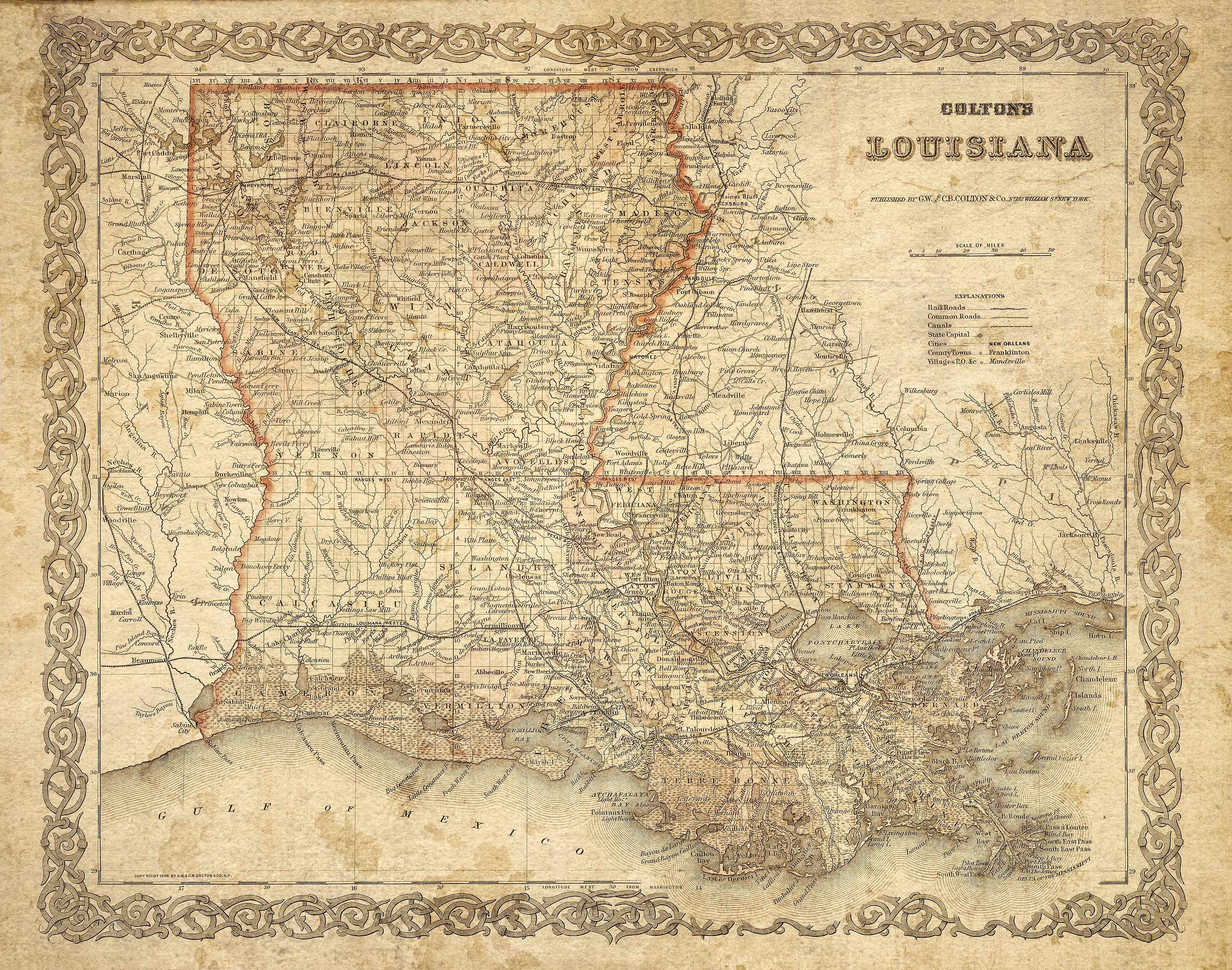  HISTORIX Vintage 1896 Map of Louisiana - 24x36 Inch Vintage Map  of Louisiana Wall Art - Old Louisiana Wall Map Indexed Showing Cities Towns  and Railroads - Louisiana Wall Decor : Office Products