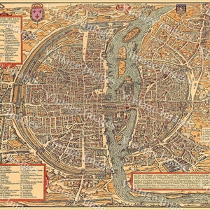Mapa vintage do histórico de Paris 1575 PLAN DE PARIS França para Erika
