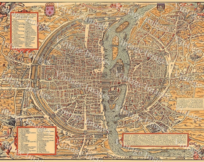 Vintage map of Paris Historic 1575 PLAN DE PARIS France restoration style Map six sizes up to 43" x 58' Fine art Print Home Decor