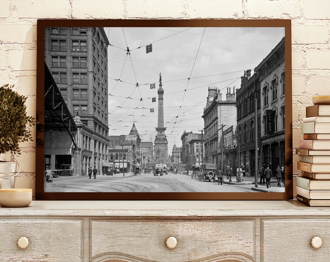 Downtown Indianapolis Monument Circle Poster - 1907 Photo from West Market Street - Indiana Downtown Home Decor Gift Idea for Housewarming