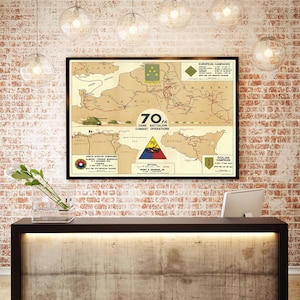 May include: A vintage-style map poster depicting the combat operations of the 70th Tank Battalion during World War II. The map shows the battalion's movements across Europe and North Africa, with key locations and dates marked. The poster features a red, white, and blue triangle with the number "70" in the center, and the text "70th Tank Battalion Combat Operations".