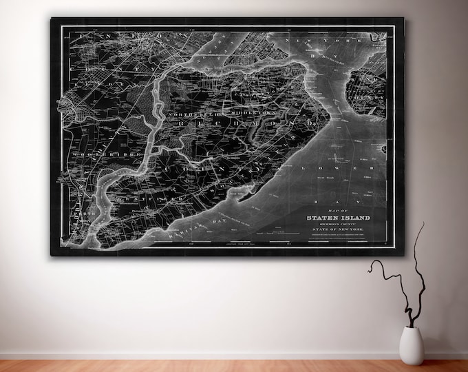 Staten Island Map, black Architectural wall map, 1884 vintage map art print, Staten Island gift Map New york fine art print housewarming