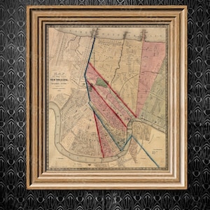 Kaart van New Orleans Vintage historische restauratiestijl van Louisiana kaart van New Orleans Fine Art Print grote muurkaart Kantoor aan huis zakelijke inrichting