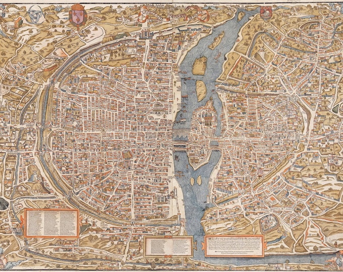 Paris map Huge Vintage historic old world map of Paris France circa 1550 Fine Art Print Giclee Poster