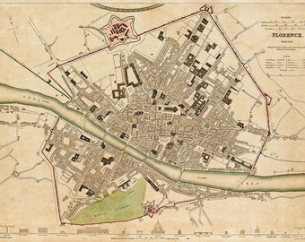 Old map of Florence Italy 1835 Florence map Vintage Map of Firenze Old world Restoration  style Italy wall map Large Map Home Decor