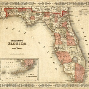 Oude kaart van Florida 1863 Johnson's kaart van Florida restauratie stijl kaart staat Florida staat Vintage kaart van Florida muur kaart kust kaart housewarming cadeau