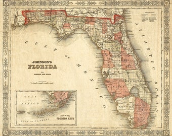 Old Florida Map 1863 Johnson's Map of Florida Restoration Style Florida state Map Vintage Florida Wall Map coastal Map housewarming Gift