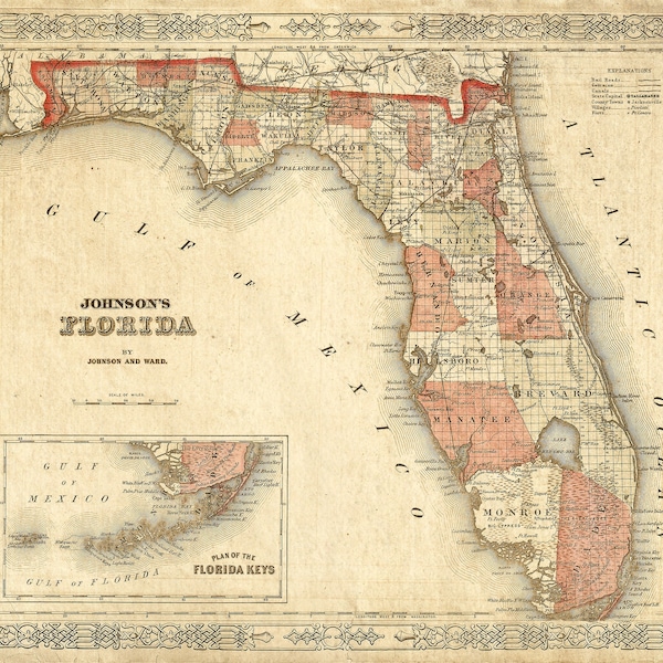 Old Florida Map 1863 Johnson's Map of Florida Restoration Style Florida state Map Vintage Florida Wall Map coastal Map housewarming Gift