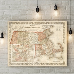 Massachusetts Kaart kaart van Massachusetts 1865 Vintage Kaart Restauratie Decorateur Oude Stijl Massachusetts Muur Kaart decor huis housewarming cadeau