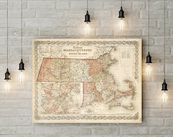 Map of Massachusetts 1865 Massachusetts Map Vintage Map Restoration Decorator Old Style Massachusetts Wall Map decor home housewarming gift