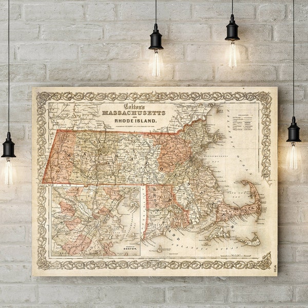 Massachusetts Map Map of Massachusetts 1865 Vintage Map Restoration Decorator Old Style Massachusetts Wall Map decor home housewarming gift