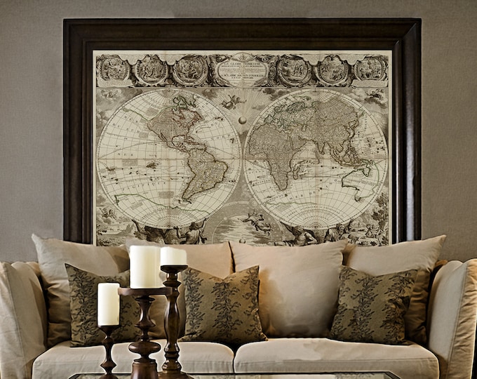 Old World Map Baptiste 1708 world Map Print Antique Style World Map Jean Baptiste Nolin Le Globe Terrestre Wall Map Decor