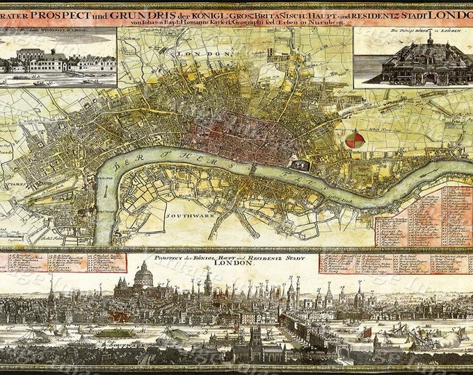 Old london england map Giant Vintage Historic London England 1740 Old Antique Restoration Style wall Map decor Fine Art Print