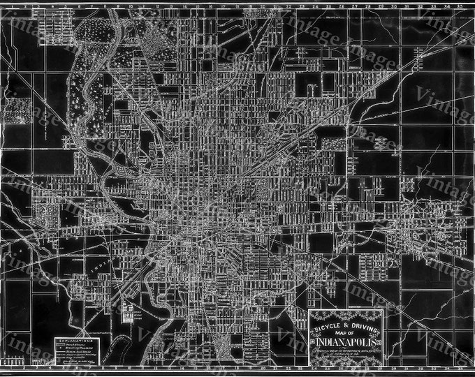 Vintage Black Map of Indianapolis 1899 - Wall Map for Bicycle and Driving - Perfect for Indy Wedding or Housewarming Gift for Realtors