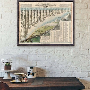 May include: A vintage map of the world with a detailed illustration of mountains and rivers. The map is framed in a dark wood frame and hangs on a white brick wall.